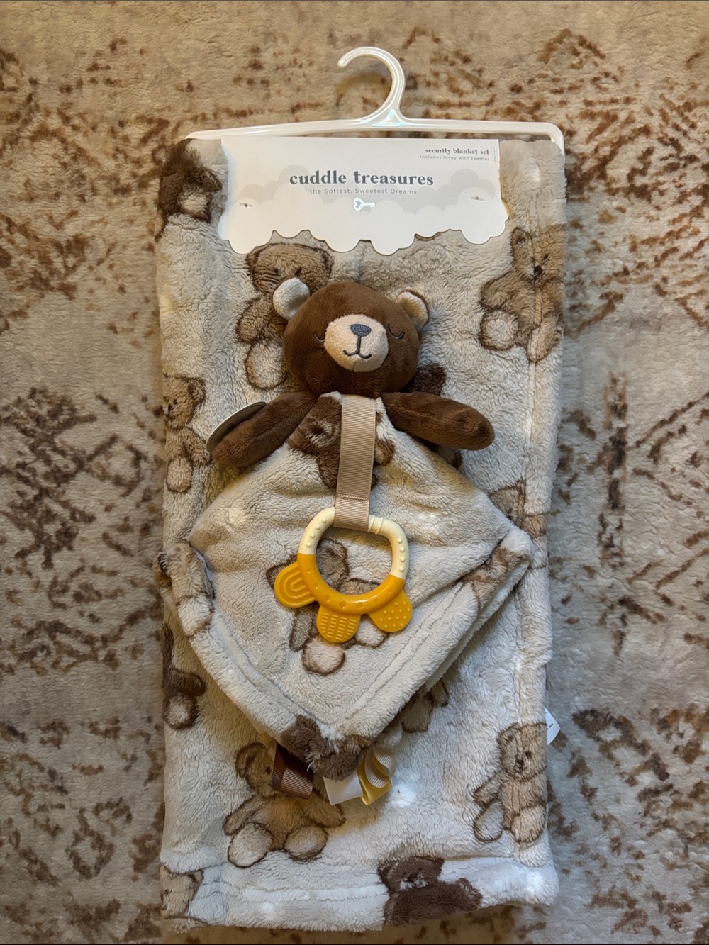 Brown Bear Plush Security Blanket with Teether